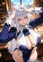 1girl ai_assisted ai_generated arms_up bangs blush breast_curtains breasts cleavage curvaceous curvy curvy_female curvy_figure elf female large_breasts long_hair long_sleeves looking_at_viewer miyuai pointy_ears purple_eyes silver_hair smile solo thick thick_ass thick_butt thick_hips thick_legs thick_thighs thighhighs thighs tongue tongue_out underboob underboob_cutout velina_airgid voluptuous voluptuous_female wide_hips wide_thighs zenless_zone_zero