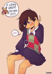 2d beetleevil blush crossdressing deltarune embarrassed encouragement erection erection_under_clothes erection_under_skirt female femboy hair_over_one_eye kris_(deltarune) noelle_holiday nonbinary offscreen_character red_eyes skirt smile