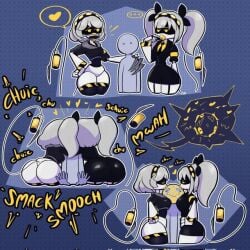 1boy 2girls j_(murder_drones) kissing kissing_cheek lipstick lipstick_mark murder_drones v_(murder_drones) wholesome