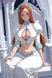 1girl ai_generated bangs bleach blush breasts brown_eyes brown_hair cleavage cleavage_cutout hair_ornament hi_res high_quality high_resolution inoue_orihime kiraamane large_breasts lips long_hair looking_at_viewer moon navel orihime_inoue parted_bangs patreon seductive sexy sitting smile solo uncensored watermark
