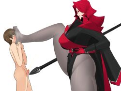 age_difference alexandra_(heelfall) big_breasts bo_wei clothed_female_nude_male cum domination faceless_male femdom foot_fetish game_cg heelfall larger_female milf mini_giantess red_hair size_difference smaller_male smell spear taller_girl thick_ass thick_thighs weapon