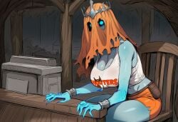 1girls ai_generated blue_eyes blue_skin bracelets bracers breasts clothed clothes clothing crown female ghost ghost_girl glowing_blue_eyes glowing_eyes glowing_hands hooters hooters_uniform horror horror_(theme) jewelry large_breasts metal monster_girl original original_character paigen pouch ripped_clothing sheets shirt shorts silver_jewelry torn_clothing undead white_skin