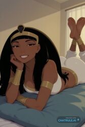 1girls ai_assisted ai_generated anklet bare_shoulders barefeet bedroom black_eyes black_hair cleavage curvy_body dark_skinned_female detailed_feet egyptian egyptian_female eyes_half_closed feet_up grin long_hair looking_at_viewer narrow_waist petite prone_position round_ass small_breasts soft_breasts the_pose the_prince_of_egypt tired wide_hips