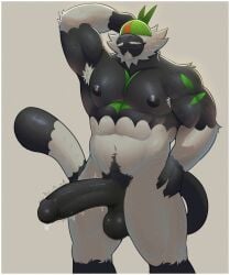 anthro armpit_hair balls barazoku big_penis black_body black_fur bodily_fluids body_hair covered_eyes dripping erection facial_hair fur generation_7_pokemon genital_fluids genitals goatee hi_res humanoid_genitalia humanoid_penis jayjay_(artist) male mammal muscular muscular_anthro muscular_male mustache nintendo passimian penis pokemon pokemon_(species) precum precum_drip primate simple_background solo tail throbbing throbbing_penis
