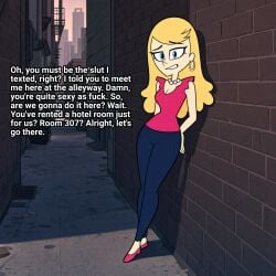1girls accurate_art_style ai_generated eddie's_mom helluva_boss looking_at_viewer part_of_a_set solo talking_to_viewer text vivziepop