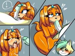2024 4:3 anthro balls blue_background blue_eyes canid canine canis comic digital_drawing_(artwork) digital_media_(artwork) duo echidna erection eyelashes eyes_closed female female_penetrated genitals glans hi_res humanoid_genitalia humanoid_penis male male/female male_penetrating male_penetrating_female mammal mayghely monotreme nipples nude orange_body penetration penis penis_in_mouth sega sex simple_background sonic_adventure sonic_the_hedgehog_(series) tail tikal_the_echidna tongue tongue_out wolf