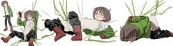 3_panel_comic artist_request chara from_behind_position hands_tied instant_loss raped_by_monster undertale vaginal_penetration vine_bondage vine_tentacles vines