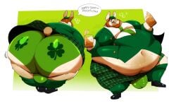 accessory anthro belly belly_overhang belly_peeking_out bent_over big_belly big_butt big_moobs body_hair bottomwear bulge butt clothed clothing clover_(plant) clover_leaf detailed_bulge drunk footwear formal_wear four_leaf_clover front_and_back front_view full-length_portrait fully_clothed fur genital_outline green_clothing green_footwear green_socks green_suit green_underwear hair happy_trail hi_res holding_beer holidays huge_belly huge_butt huge_moobs kilt lagomorph leaf leporid male mammal moobs necktie obese obese_male orange_hair overweight overweight_male penis_outline plant portrait presenting presenting_hindquarters presenting_underwear rabbit rear_view socks solo st._patrick's_day substance_intoxication suit tigertimeworks underwear upskirt white_body white_fur
