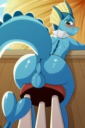 2:3 absurd_res anthro backsack balls bar blue_body blush butt eeveelution eyebrows frill_(anatomy) furniture generation_1_pokemon genitals h3nger hi_res low-angle_view male male_anthro mammal nintendo outside perineum pokemon pokemon_(species) simple_background sitting smile solo stool tail teeth vaporeon