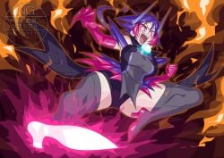 big_thighs breasts dress genderswap gloves heels kamen_rider kamen_rider_zeztz_(series) long_gloves long_socks long_stockings otokam1117 pink_eyes power_up power_up_girl purple_hair rule_63 sieg_(kamen_rider_zeztz) stockings tagme thighhighs tokusatsu