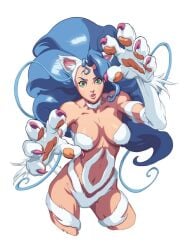 blue_hair cat_claws cat_ears cat_eyes cat_girl cat_paws cat_tail catgirl claws cleavage darkstalkers felicia felicia_(darkstalkers) female female_focus female_only fur lilformers nails navel pale-skinned_female pale_skin paws sharp_claws sharp_nails simple_background solo solo_female solo_focus vampire_(game) vampire_savior white_background white_body white_fur white_skin white_skinned_female