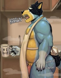 2026 360dori anthro apron apron_only australian_cattle_dog bandit_heeler belly beverage biceps bluey_(series) bodily_fluids canid canine canis cattledog claws clothing coffee coffee_mug container cup domestic_dog english_text eyebrows eyes_closed flaccid fur genitals herding_dog hi_res holding_container holding_cup holding_mug holding_object humanoid_genitalia humanoid_penis inside kitchen male male_only mammal morning mug musclegut muscular muscular_anthro muscular_male musk onomatopoeia open_mouth pastoral_dog pecs penis side_view solo sound_effects standing sweat teeth text tongue tuft vein yawn