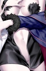 1girls black_dress blue_jacket breasts dress fate/grand_order fate_(series) female female_only fur_trim jacket jeanne_alter jeanne_d'arc_alter_(ver._shinjuku_1999)_(fate) large_breasts pale-skinned_female pale_skin pink_nails solo solo_female thick_thighs thighs white_background wide_hips