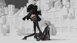 1boy 1girls 3d 3d_(artwork) ass big_ass blindfold bodysuit bootjob boots breasts clothing crossdressing female femboy femdom footjob hairband heeljob high_heel_boots high_heels latex latex_bodysuit light-skinned_female light-skinned_male light_skin male nier nier:_automata nier_(series) short_hair stepped_on stockings straight tease teasing thick_thighs thigh_boots thigh_high_boots thighhighs trap white_hair yorha_2b yorha_9s zsternritter