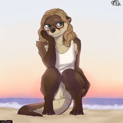 1:1 2026 anthro anus black_nose blonde_hair blue_eyes blush claws clothing crouching ears_down embarrassed english_text eyewear female fur genitals goggles hair hand_on_butt hand_on_cheek hi_res kristhelynx mammal multicolored_body multicolored_fur mustelid otter piercing pivoted_ears sand sea shirt smile solo tail tank_top text topwear vulva water white_clothing white_shirt white_tank_top white_topwear