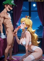 ai_generated bedroom big_ass big_breasts big_penis blonde_hair blowjob blue_eyes blush collar crown fellatio gloves hat indoors jewelry licking licking_penis long_hair luigi mario_(series) naked princess_peach saliva transparent_clothing white_lingerie