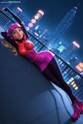 1girl ai_generated arms_up blue_eyes bodysuit breasts building city full_body hat hi_res high_quality high_resolution honey_lemon long_hair looking_at_viewer lying marvel_comics patreon seductive sexy skyscraper smile solo spicytoonai uncensored watermark