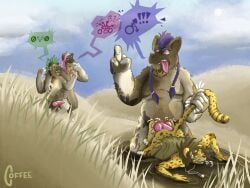 4:3 absurd_res african_wild_dog anal anal_penetration angry anthro braided_hair canid canine cheetah clothed clothing coffee_(artist) coffeebynight dialogue felid feline from_behind_position front_view gender_symbol genitals gesture grass group hair hand_gesture hi_res knot knotted_penis male male/male male_symbol male_symbol_penetration mammal middle_finger mud outside outside_sex partially_clothed pawpads paws penetration penis plant savanna sex sky speech_bubble symbol tail tail_pull tongue tongue_out