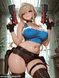 1girl ai_generated arlequin097 ass_visible_through_thighs bare_arms bare_shoulders belt black_belt black_choker black_gloves blonde_hair blue_eyes blue_tank_top blush boots breasts brown_footwear brown_shorts brown_thighhighs buckle choker cleavage collar collarbone contrapposto covered_nipples cowboy_shot crop_top dual_wielding fingerless_gloves gloves goddess_of_victory:_nikke grin gun hair_between_eyes handgun hands_up holding holding_gun holding_weapon holster indoors large_breasts long_hair looking_at_viewer midriff navel nikke plant potted_plant scarlet_(nikke) short_shorts shorts sidelocks skindentation smile solo spiked_collar spikes standing stomach tank_top teeth thigh_boots thigh_holster thigh_strap thighhighs thighs weapon