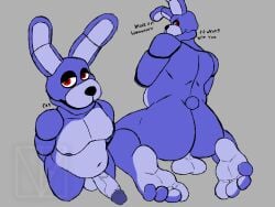 4:3 animatronic anthro backsack balls belly big_butt bonnie_(fnaf) butt countershade_torso countershading english_text erection feet five_nights_at_freddy's genitals glans grey_background half-closed_eyes hi_res kneeling ladventea lagomorph leporid machine male mammal narrowed_eyes navel nipples nude penis purple_body rabbit red_eyes robot scottgames short_tail simple_background soles solo tail text toes vein veiny_penis