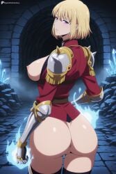 1girl ai_generated anus armor ass black_thighhighs blonde_hair bottomless breasts breasts_out cha_hae_in cowboy_shot digitalwaifugallery epaulettes from_behind gauntlets hi_res high_quality high_resolution jacket large_breasts looking_at_viewer looking_back nipples parted_lips patreon patreon_username pauldrons purple_eyes pussy red_jacket seductive sexy short_hair shoulder_armor solo solo_leveling standing thighhighs uncensored watermark