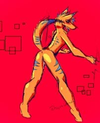 anthro canid canine canis colorful_theme domestic_dog dripping eyeburn female fur fur_markings hi_res lubricating mammal markings orange_body sex spread_legs spreading stripes