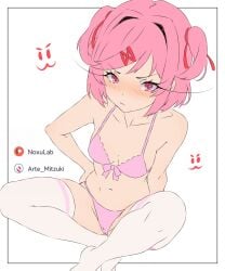 1female 1girl 1girls 2026 arte_mitzuki blush blush_lines blushing blushing_at_viewer blushing_female bra closed_mouth ddlc doki_doki_literature_club female female_focus female_only light-skinned_female light_skin looking_at_viewer natsuki_(doki_doki_literature_club) navel open_mouth panties pink_bra pink_eyes pink_hair pink_panties serenity_forge spread_legs stockings team_salvato video_game video_game_character video_games visual_novel watermark white_skin white_stockings