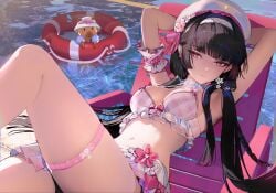 1girls beach black_hair chisa_(wuthering_waves) female long_hair medium_breasts official_alternate_costume pink_swimsuit red_eyes see-through_clothing see-through_swimsuit swimsuit wuthering_waves