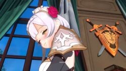 1girls animated ass ass_focus ass_on_face big_ass clothed clothing curvy female female_focus female_only genshin_impact looking_at_viewer loonoosh noelle_(genshin_impact) shy tagme twerk twerking video white_hair white_skin yellow_eyes