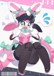 1girls angels_of_delusion aria_(zenless_zone_zero) aria_(zenless_zone_zero)_(robot_form) artist_request black_sclera bow bowtie bunnysuit embarrassed embarrassed_female fishnet_thighhighs fishnets full_body robot robot_girl solo solo_female solo_focus spoken_blush spoken_sweatdrop zenless_zone_zero