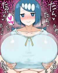 1boy 1girls big_breasts blue_eyes blue_hair blush breasts dokukasa female huge_breasts lana's_mother_(pokemon) large_breasts looking_at_viewer male paizuri paizuri_under_clothes pokemon pokemon_sm titjob