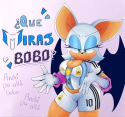 1female 1girl 1girls animal_ears argentina argentina_jersey big_breasts big_tits bronzed eyeshadow fifa furry furry_female heart huge_breasts huge_tits owned_by_argentina rouge_the_bat sonic_(series) spanish_dialogue spanish_text spiced world_cup