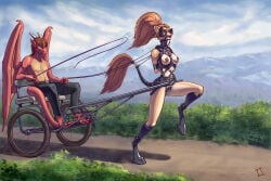 2019 3:2 anthro anthro_dominating_anthro anthro_on_anthro bdsm bdsm_collar bdsm_gear bdsm_outfit belt bit_gag blinders bodily_fluids bondage_gear boots bottomwear breasts bridle brown_hair carriage chastity_belt chastity_device clothed clothing collar cuffed_ankles detailed_background dirt dirt_road dominant dominant_anthro dominant_male dragon drooling duo eyewear felid female female_anthro footwear gag gagged galloping genital_fluids gracylioness grass hair halter hands_behind_back harness harness_bit_gag harness_gag hi_res hoof_boots horn lion male male/female male_anthro male_dominating_female mammal membrane_(anatomy) membranous_wings mythological_creature mythological_scalie mythology nipple_piercing nipples pantherine pants pants_only petplay piercing plant ponyplay ponytail posture_collar quotermain red_body reins restrained_arms roleplay running saliva scalie shoes sky submissive submissive_anthro submissive_female tack tail tail_tuft tail_wraps topless tuft vaginal_fluids wearing_chastity_belt wearing_chastity_device whip whipping wings wraps