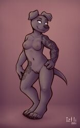 2026 4_fingers 4_toes anthro biped breasts brown_body brown_fur canid canine canis claws digitigrade domestic_dog ear_piercing ear_ring eyebrow_piercing facial_piercing feet female female_anthro fingers floppy_ears folded_ears fur genitals hi_res iztli mammal navel nipples nude nude_anthro nude_female piercing portrait ring ring_(jewelry) ring_piercing signature simple_background solo tattoo toes vulva weimaraner