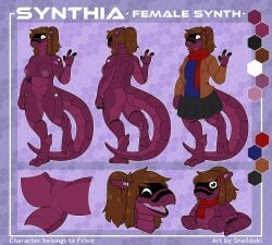 absurd_res accessory anthro anus bottomwear breasts brown_hair clothing english_text female genitals hair hair_accessory hairpin hardlight hi_res jacket leather leather_clothing leather_jacket leather_topwear looking_at_viewer model_sheet plushie purple_body raised_arm scarf skirt snaildoki solo space_station_13 standing synth_(vader-san) synthia_(frixit) tail text topwear vulva