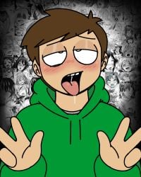 ahegao ahegao_expression ahegao_face blush blush_lines blushing brown_hair chubby_male double_peace_sign drool drooling edd_(eddsworld) eddsworld eyes_rolling_back fluffy_hair green_hoodie grey_shirt justsomedude light-skinned_male meme meme_in_the_background peace_sign tongue_out