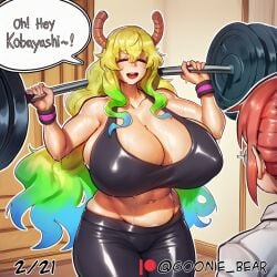 2026 2d 2girls absurd_res absurd_resolution absurdres ai_generated artist_name black_sports_bra blonde_hair blue_hair breasts cleavage closed_eyes collarbone comic dragon_girl dragon_horns dumbbell english_text exercise gigantic_breasts goonie_bear gradient_hair green_hair gym hi_res high_quality high_resolution highres horns huge_breasts image indoors kobayashi-san_chi_no_maidragon kobayashi_(maidragon) long_hair lucoa lucoa_(maidragon) miss_kobayashi's_dragon_maid multicolored_hair multiple_girls navel open_mouth pants patreon patreon_username red_hair shiny_skin smile speech_bubble sports_bra sweat twitter_username uncensured very_long_hair watermark weightlifting