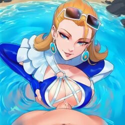 1boy ai_generated beach beach_sex bedroom_eyes blonde_hair cleavage_cutout cum cum_between_breasts cum_inside deep_penetration eyewear_on_head invisible_woman invisible_woman_(azure_shade) invisible_woman_(marvel_rivals) large_breasts long_sleeves looking_at_viewer married_female marvel marvel_comics marvel_rivals masturbating_other official_alternate_costume paizuri penis penis_between_breasts perpendicular_paizuri pov squeezing_breast sue_storm swimsuit tittyg-ai