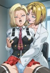 ai_generated android_18 bible_black clothed_female crossover dragon_ball fingering fingering_through_panties fingering_under_panties kitami_reika labcoat open_mouth orgasm panties purple_lipstick saliva school_uniform sexual_assault smug