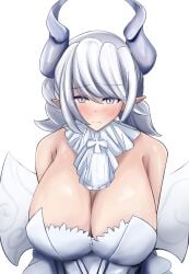 blush boobs breasts closed_mouth demon demon_girl dress embarrassed female female_only hi_res huge_breasts karadoc konami labrynth_of_the_silver_castle large_breasts looking_at_viewer lovely_labrynth_of_the_silver_castle necklace necktie nervous_smile pointy_ears princess queen safe short_hair silver_eyes simple_background standing white_dress white_hair yu-gi-oh!