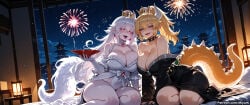2girls ai_assisted ai_generated armlet asymmetrical_docking bangs bare_shoulders black_collar black_dress black_nails blonde_hair blue_eyes blush boosette bowsette bracelet breast_press breasts brooch cleavage collar collarbone crown curvaceous curvy curvy_female curvy_figure dress earrings elbow_gloves eyebrows_visible_through_hair female fireworks frilled_dress frilled_gloves frills gem gloves half-closed_eyes high_ponytail horns huge_breasts jewelry long_hair long_ponytail looking_at_viewer mario_(series) miyuai multiple_girls night night_sky open_mouth overalls pale_skin pointy_ears ponytail princess_king_boo red_eyes sharp_fingernails sharp_teeth shiny shiny_skin sidelocks sitting sky spiked_armlet spiked_bracelet spiked_collar spiked_shell spiked_tail spikes strapless strapless_dress super_crown symmetrical_docking tail teeth thick thick_ass thick_butt thick_hips thick_legs thick_thighs thighs tongue tongue_out turtle_shell very_long_hair voluptuous voluptuous_female white_dress white_gloves wide_hips wide_thighs yuri