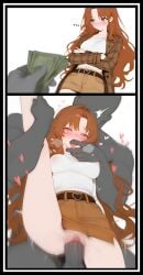 1girls1boy ahe_gao ahegao ahegao_face anonymous_character anonymous_male arms_crossed belt belt_buckle bribery brown_coat brown_hair carrying_position denim_skirt edited edited_art fanart green_eyes heart-shaped_pupils hearts hetero indie_virtual_youtuber long_hair lovehearts melonprime money nipples nipples_visible_through_clothing orgasm panels parted_bangs rough_sex saliva self_upload sex short_skirt tongue_out vaginal_penetration vtuber vtuberfanart white_shirt zavalr