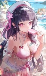 1girls beach black_hair chisa_(wuthering_waves) female long_hair medium_breasts official_alternate_costume pink_swimsuit red_eyes see-through_clothing see-through_swimsuit swimsuit wuthering_waves