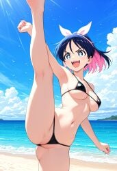 +_+ 1girl ai_generated armpits beach bikini black_bikini blue_hair breasts colored_inner_hair hair_bow illustrious_(stable_diffusion) jougamine_aki kicking kneepit legs_up multicolored_hair navel open_mouth pink_hair plump_labia ponytail pussy_floss scum_of_the_brave self_upload siegwharheit solo solo_female stable_diffusion strap_gap tied_hair