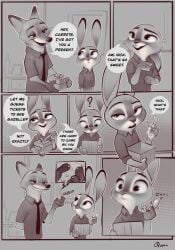 2022 absurd_res anthro canid canine clothed clothing comic controller dialogue disney duo english_text female fox gift hi_res judy_hopps lagomorph leporid male mammal monochrome nick_wilde question_mark qupostuv35 rabbit remote_control remote_controlled_vibrator sex_toy text vibrator zootopia