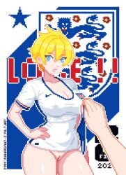 1girls 2026 :o belly_button big_breasts bikini bikini_bottom blonde_hair blue_eyes breasts busty england england_(countryhumans) fifa fifa_soccer fifa_world_cup_trophy flag hand_on_hip holding_panties large_breasts logo looking_at_viewer micro_bikini nike nude original paradigma7 pixel_art pussy shirt short_hair teeth tomboy voluptuous white_shirt world_cup