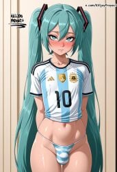 ai_generated argentina argentina_jersey argentinian_miku bikini blue_eyes blue_hair bulge femboy flat_chest futanari hatsune_miku killjoyproject long_hair miku_hatsune otoko_no_ko shirt small_breasts small_penis solo solo_focus vocaloid world_cup