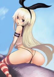 ass ass_cleavage black_hair_ornament black_hairband black_panties black_underwear blonde_female blonde_hair blue_background blue_eyes butt_crack clothing elbow_gloves female female_only gloves hairband high_resolution johan_(johan13) kantai_collection long_hair pantsu partially_visible_vulva shimakaze_(kantai_collection) sitting solo solo_female spread_legs straddling striped striped_legwear thighhighs thong underwear white_gloves