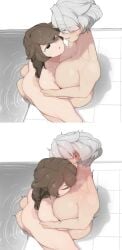 ass big_breasts blush breasts brown_hair collarbone hug looking_at_another oddsnail pool thick_ass thick_thighs white_hair wholesome yuri