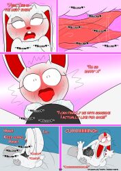2spot_studio animate_inanimate anthro bed bloody_bunny bloody_bunny_(series) blush bodily_fluids breasts buckteeth clothing comic cunnilingus dialogue digital_media_(artwork) doll duo english_text female floppy_ears fluffy fur furniture genital_fluids genitals grabbing_head grey_body grey_skin hand_on_head hand_on_leg hank_j._wimbleton hat head_grab headgear headwear heart_after_text hearts_around_text hi_res kerchief lagomorph leporid licking living_doll madness_combat male mammal nevadean_(madness_combat) nipples nude on_bed open_mouth oral otakon_(artist) rabbit raised_tail red_inner_ear red_nose scut_tail sex shaking short_tail sitting spread_legs spreading stitch_(sewing) sweat sweatdrop tail teeth text tongue tongue_out trembling vaginal white_body white_fur